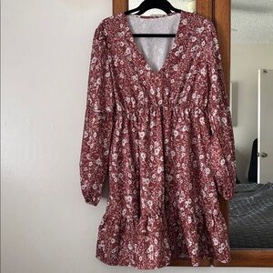 Floral V-Neck Long Sleeve Dress brown rust floral xxl